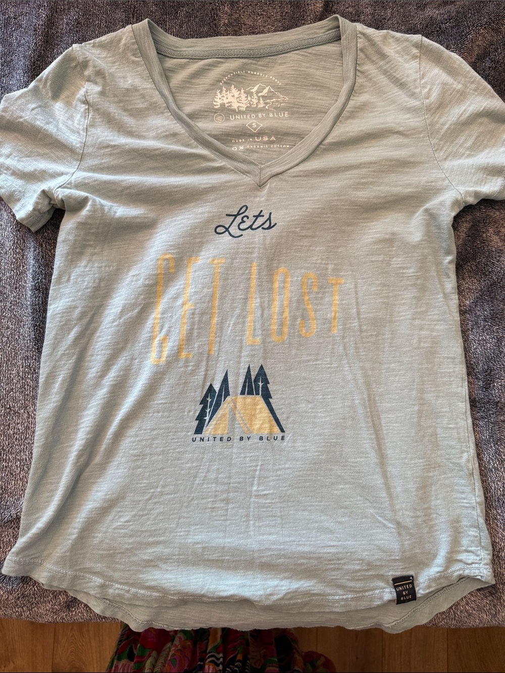 United By Blue Light Sage V-Neck Tee with Yellow & Navy Graphic Organic cotton %